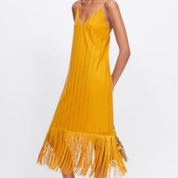 Zara Marigold Yellow Mustard Fringe Hemmed Slip Dress Flapper Party Dancing Date - Picture 2 of 9